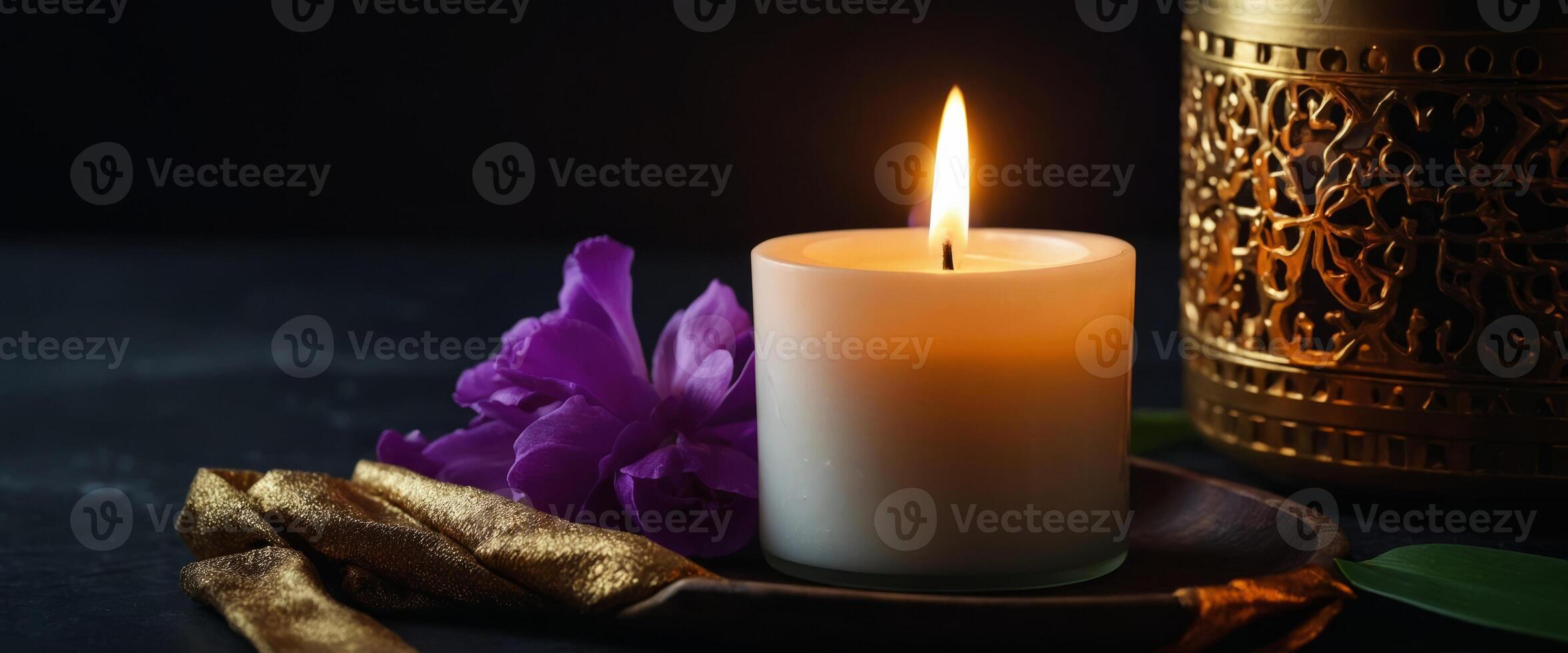Aroma candles and gift boxes on dark background, luxury design for spa hotel, beauty wellness Mystical candles lit Sea salts Promo and sale concept for exotic treatment. photo