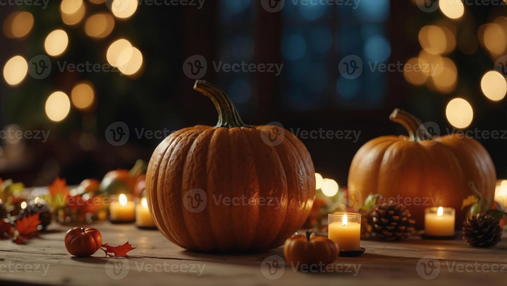 Art thanksgiving holiday party background, autumn pumpkin and holidays light decoration. photo