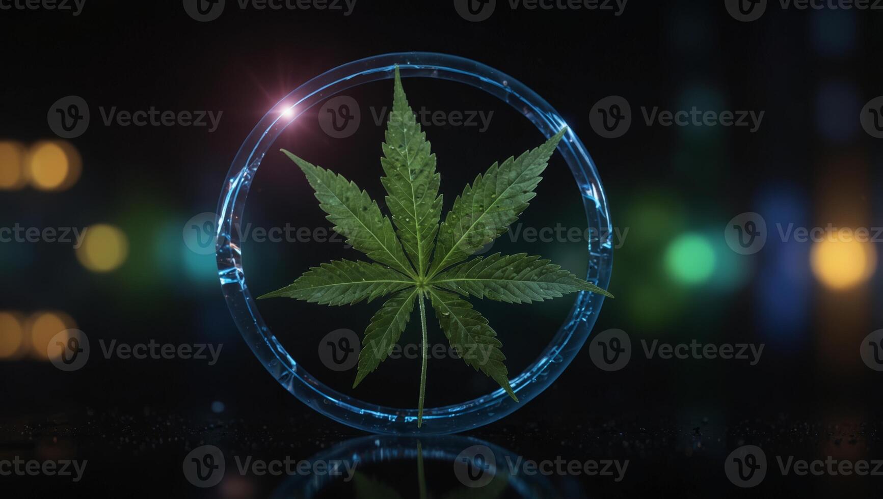 Benefits of CBD for your body, dark poster with hologram digital rings and hemp leaf Health benefits of Cannabidiol CBD from cannabis, hemp, marijuana, effect on body. photo