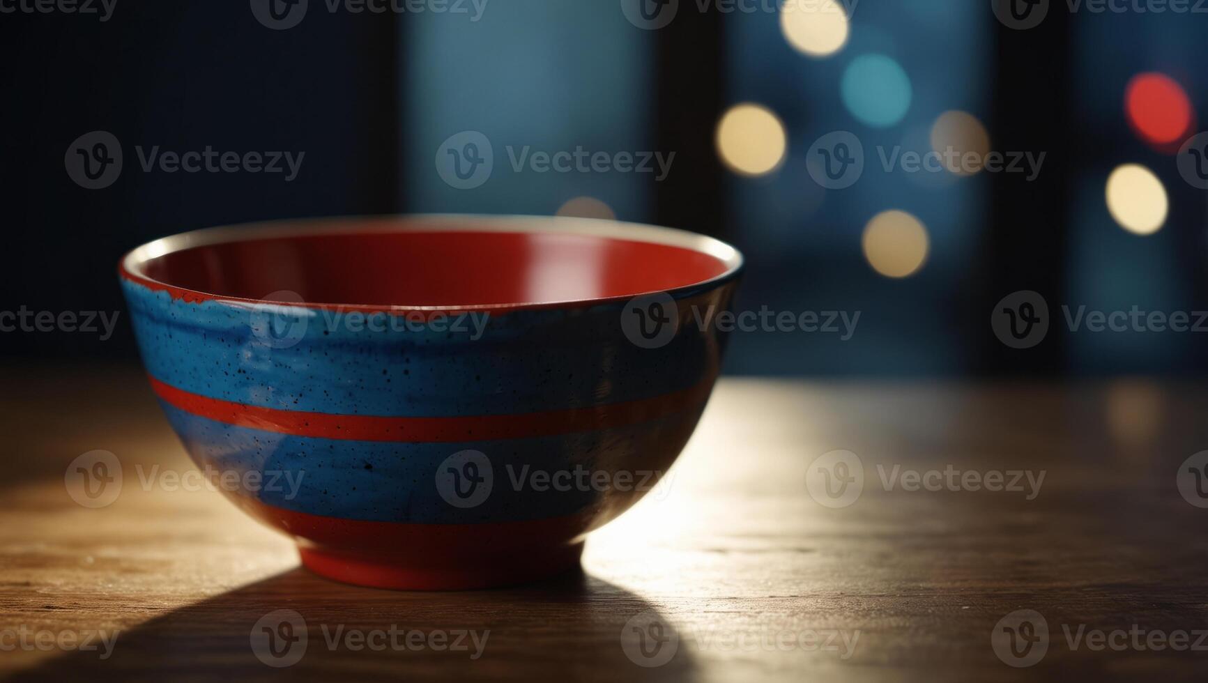 Brightly lit bowl in red and blue colors placed on table Can be used as decorative item or for adding ambiance to room. photo
