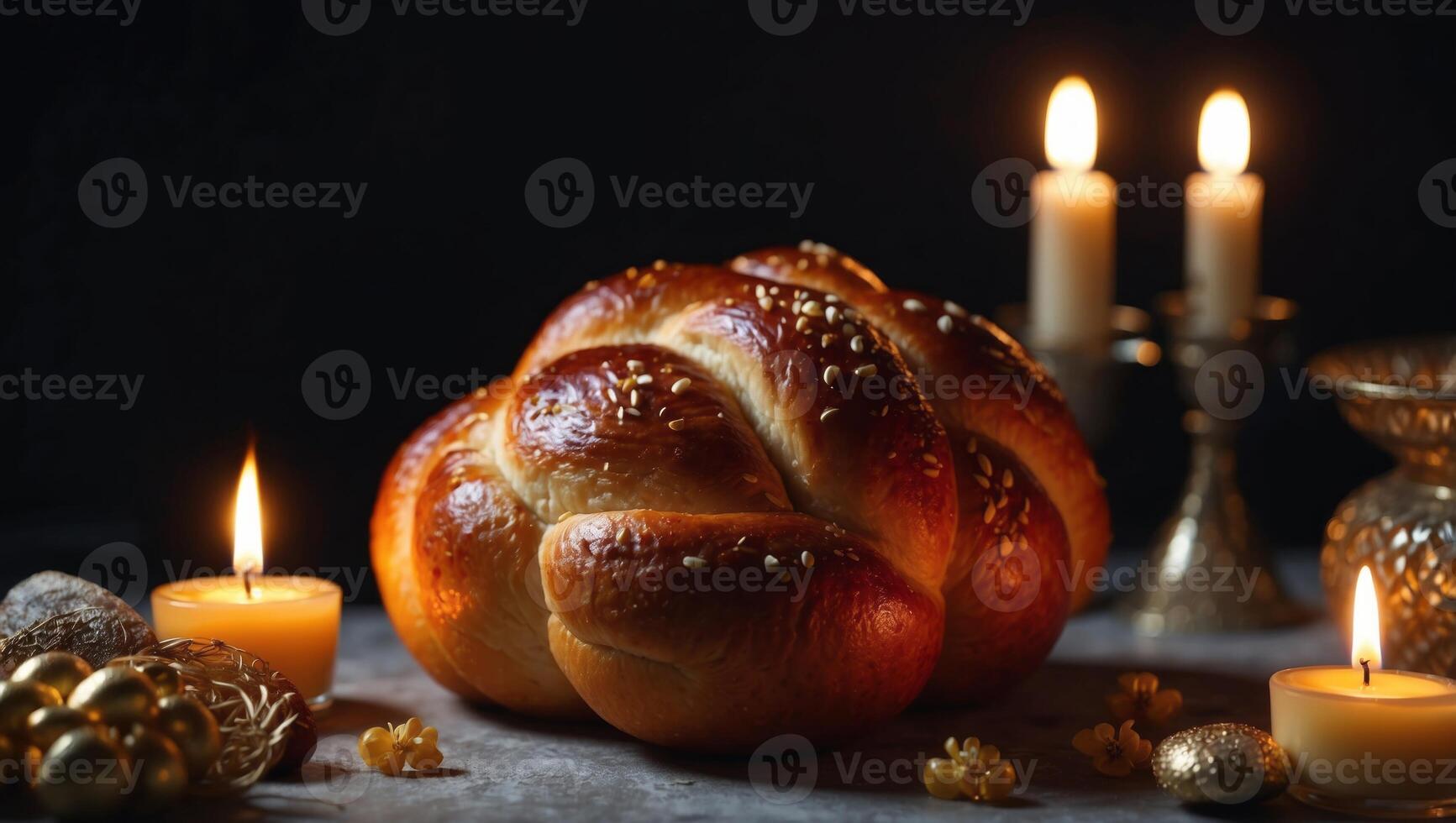 Challah, Jewish holiday Rosh Hashanah candle blessing background with copy space. photo