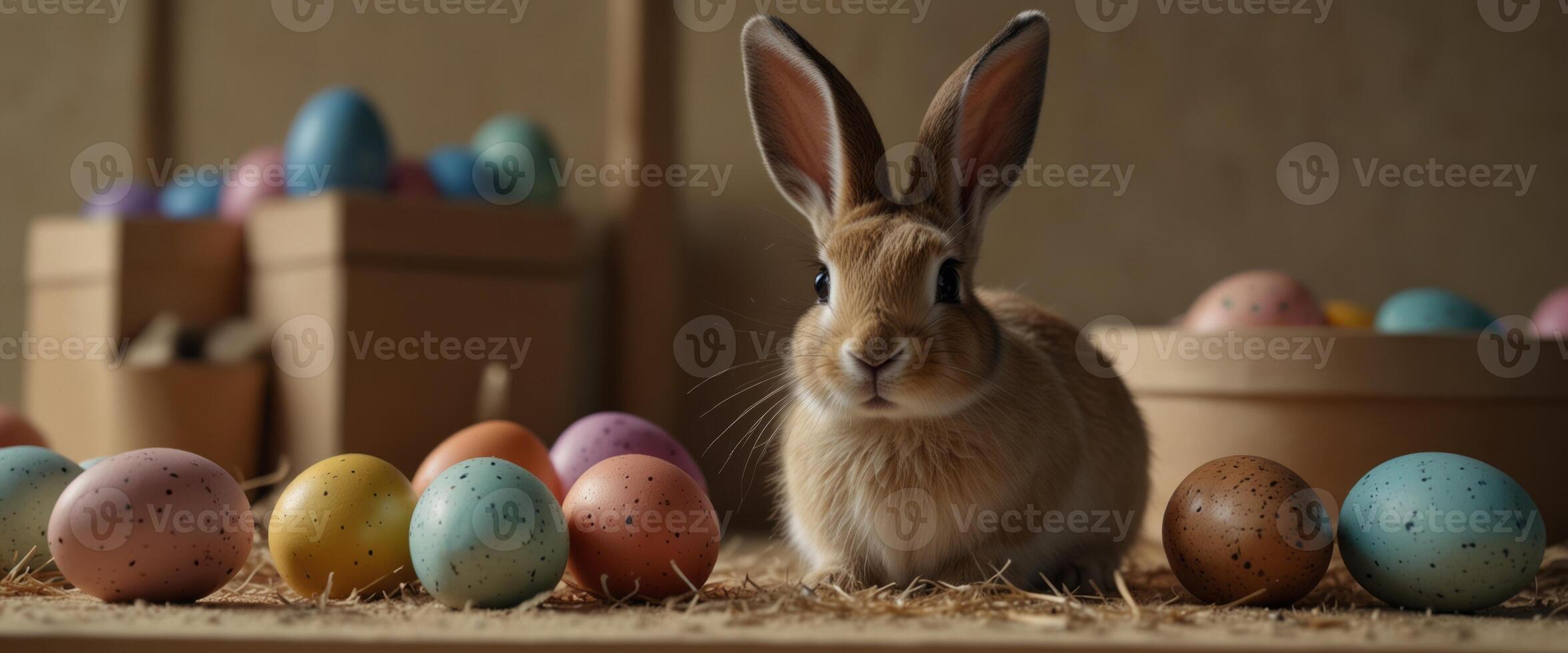 Builder's equipment with bunny ears and Easter eggs on beige background. photo