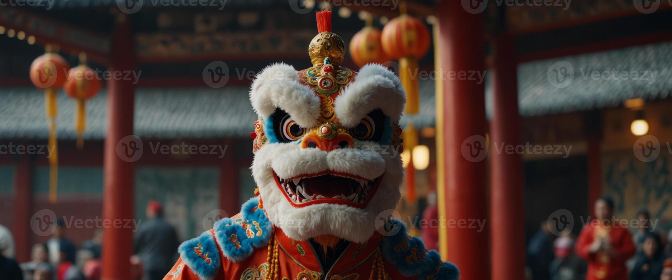 Chinese traditional lion dance costume performing at a temple in China, Lunar new year celebration, Chinese New Year. photo