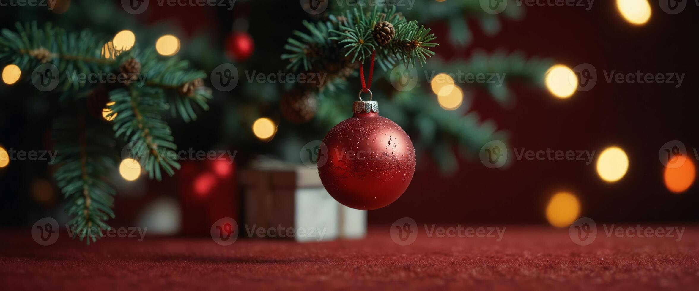 Christmas Tree With Ornament And Bokeh Lights In Red Background. photo