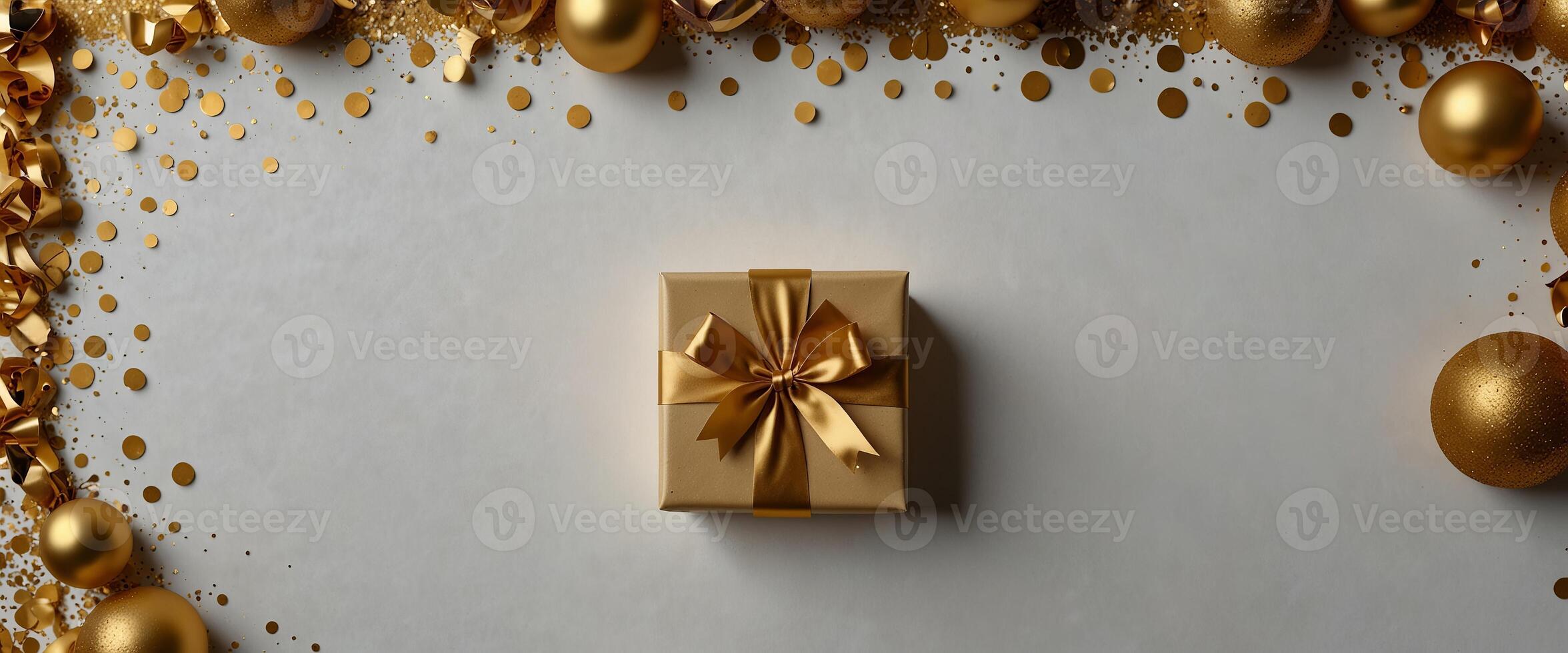 Christmas background of golden confetti, gift or present boxes and funny Santa on white table top view Flat lay. photo