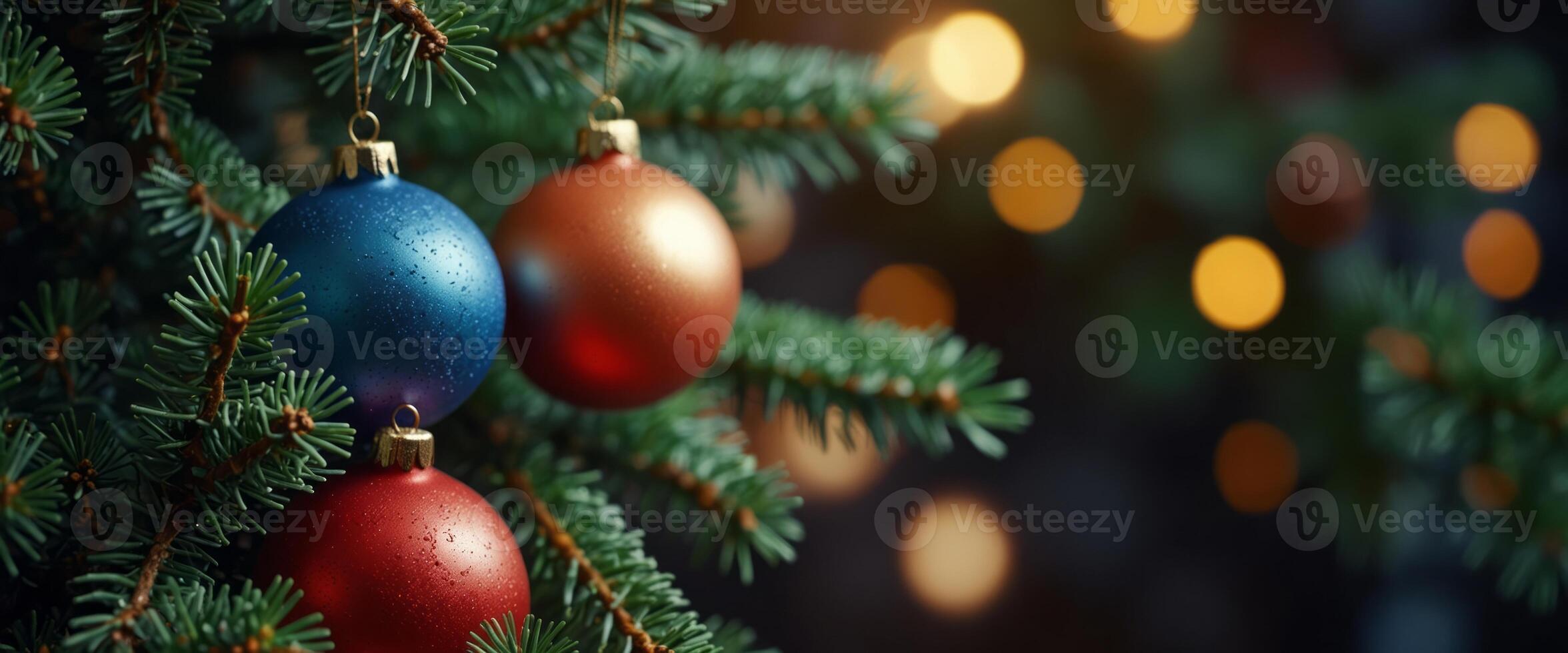 Christmas and new year holidays concept Balls on spruce branches, festive background of winter season. photo