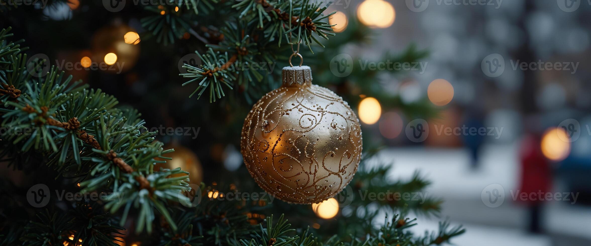 Christmas ball on a Christmas tree on the street Winter snowy background with lens flare bokeh highlights. photo
