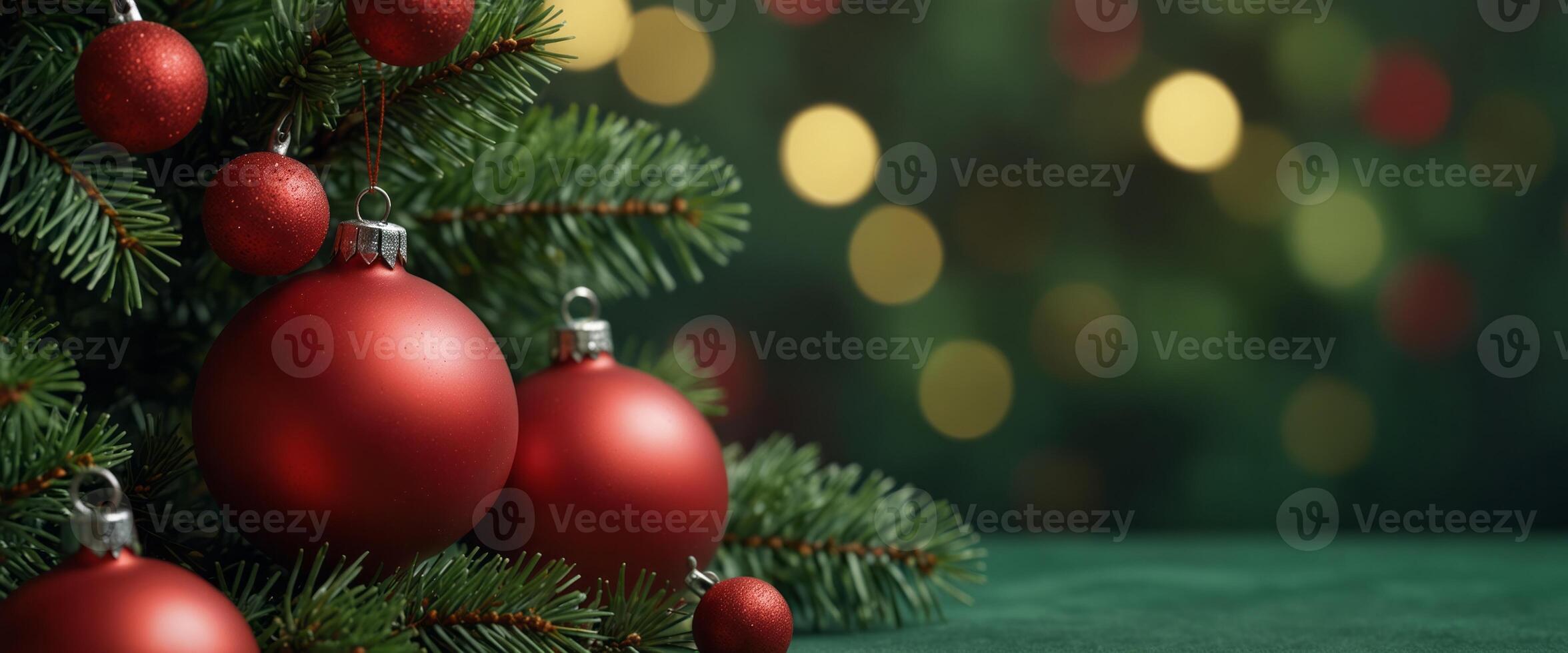 Christmas frame with classic red decorations Fir branches, balls, jingle bells on green background. photo