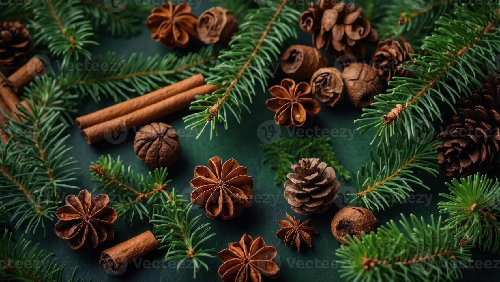 Christmas green background with fir tree and cones, cinnamon, anise Flat lay, top view with copy space. photo