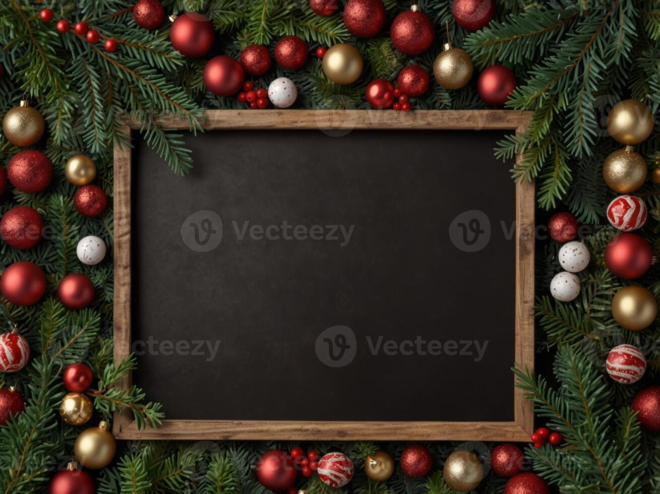 Christmas or Happy New Year composition Frame made of fir tree branches, holiday decorations, candy and gift boxes. photo