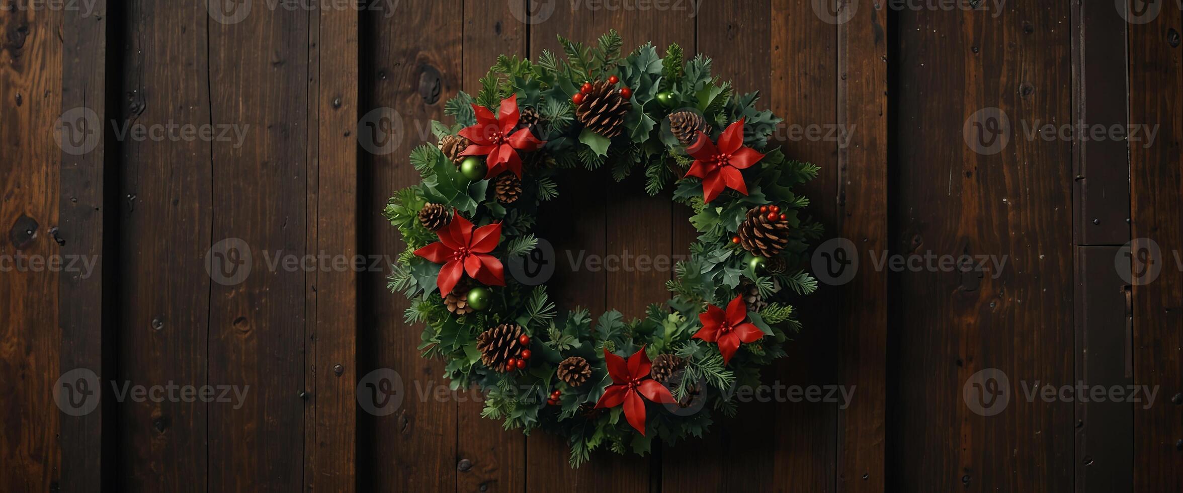 Christmas wreath on a rustic wooden door for holiday decorations. photo