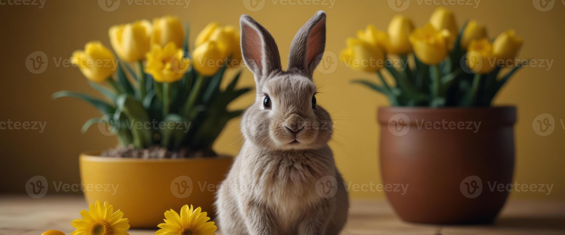 Easter bunny with two yellow Easter eggs next to a pot with yellow flowers on a yellow background Easter holiday concept Copy space for text. photo