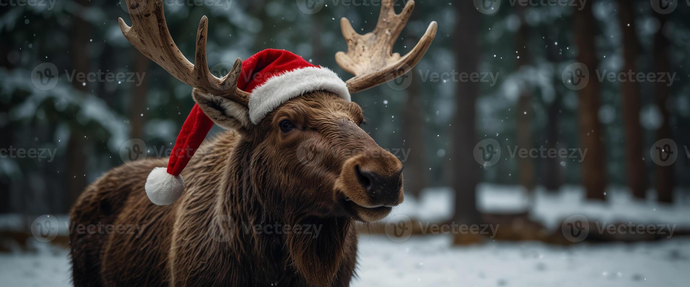 Festive moose with Santa hat, perfect for holiday designs. photo
