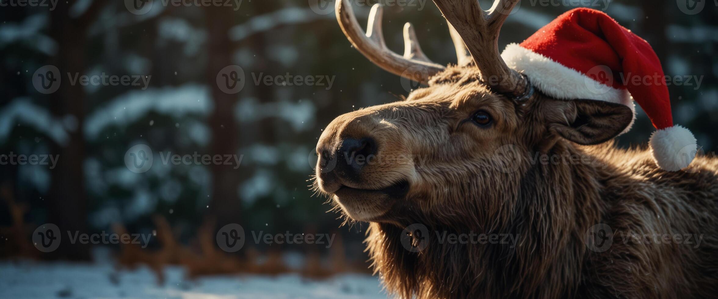 Festive moose with Santa hat, perfect for holiday designs. photo