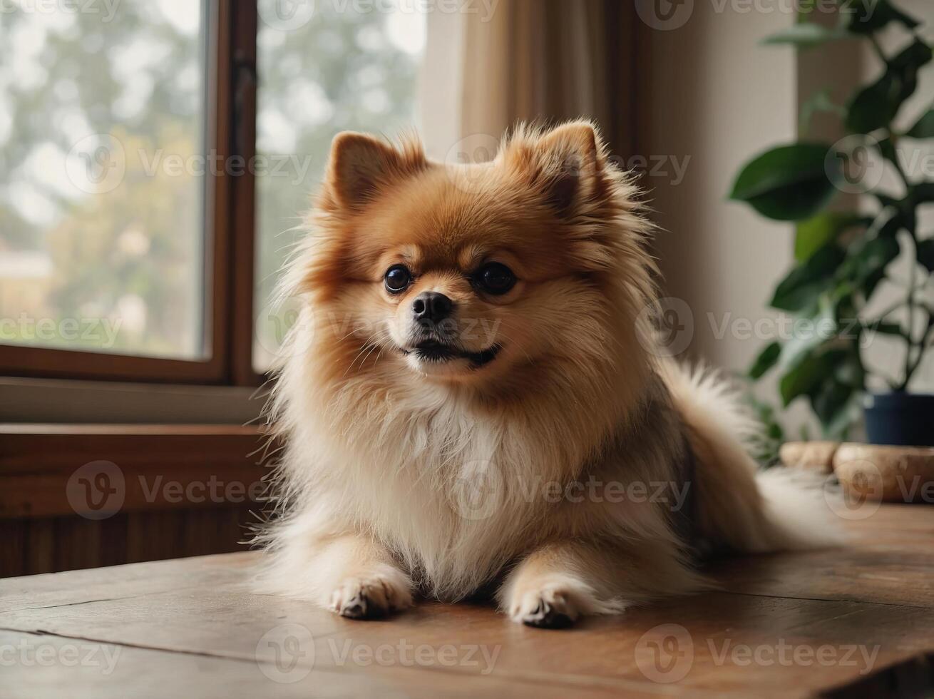Fluffy adorable Pomeranian dog in stylish bow tie, sitting on wooden table in bright room at home, neutral walls, a few decorative items, a large window allowing sunlight to flood in. photo