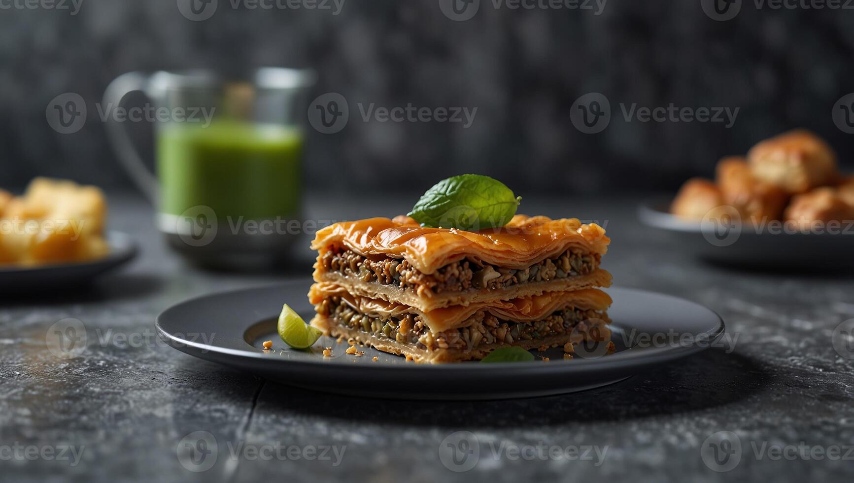 Fresh assorted baklava on gray plate, gray tiles background, copy space Turkish dessert concept. photo