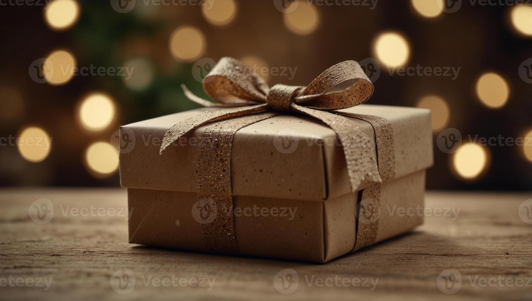 Gift box wrapped with craft paper and bow on neutral background with boke Holiday concept. photo