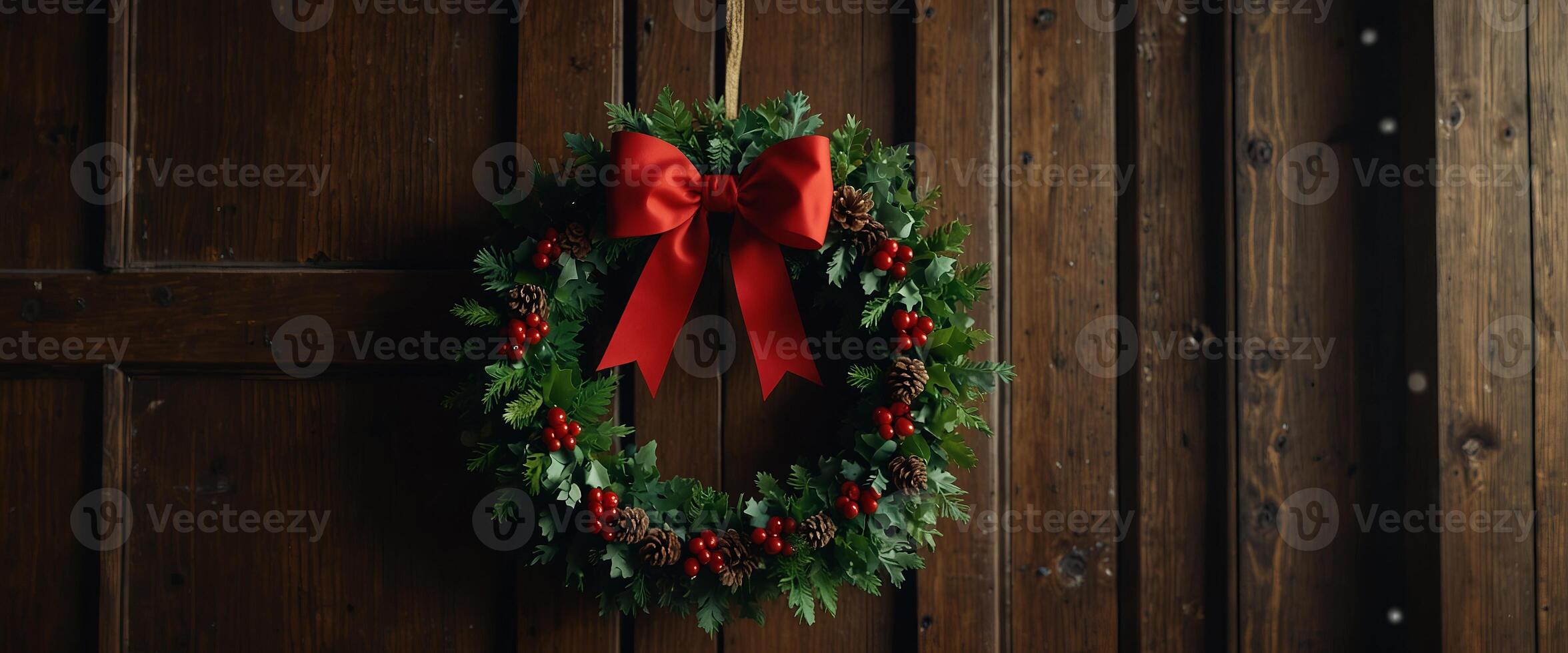 Homemade Christmas wreath hanging on a rustic wooden door, emphasizing holiday welcome. photo