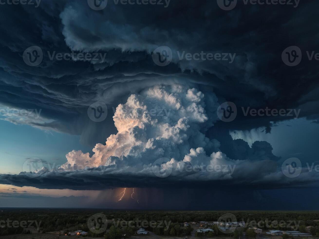 Illustration of a stormy night sky with towering cumulonimbus clouds. photo