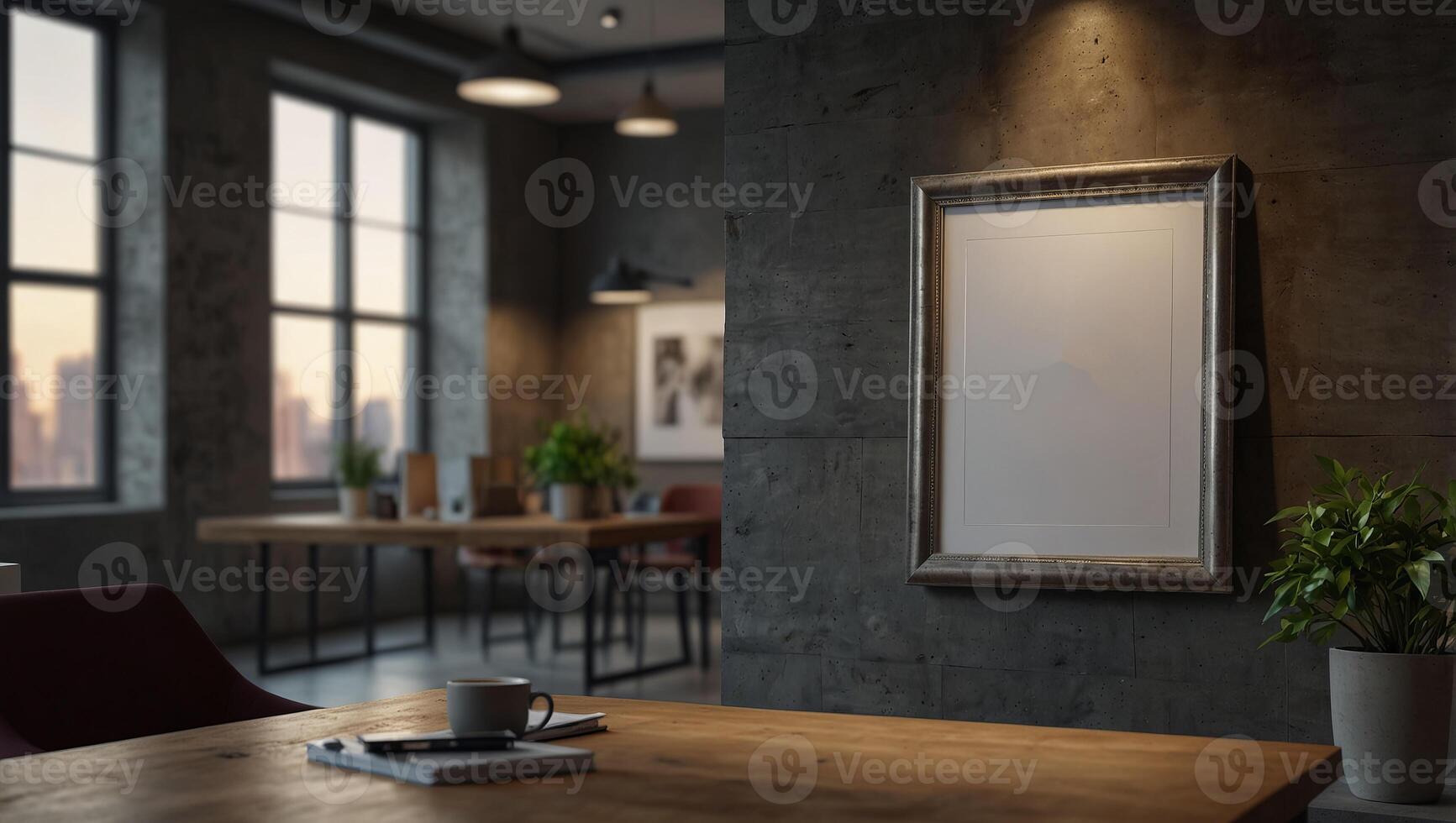 Large blank photo frame in contemporary modern co working office interior background, with banner and copy space.