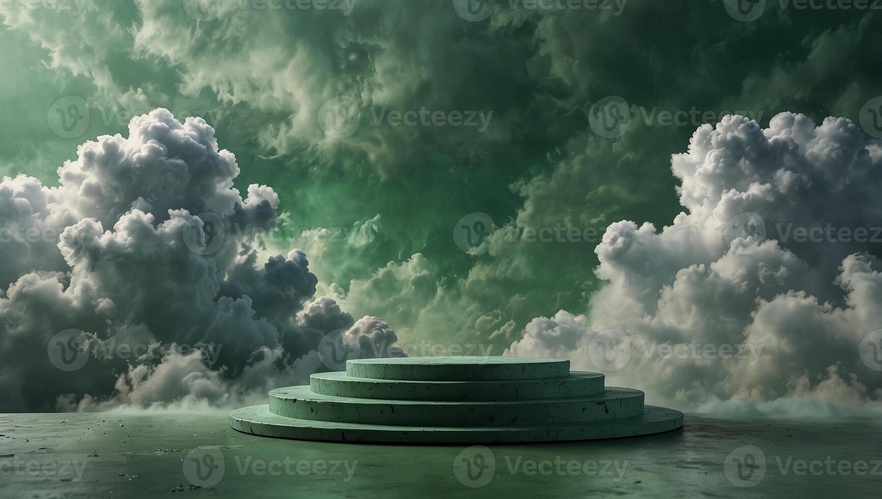 Mint green fresh abstract product podium surrounded by clouds on green fantasy backgrounds, fog, smoke, steam abstract green summer display platform backgrounds. photo