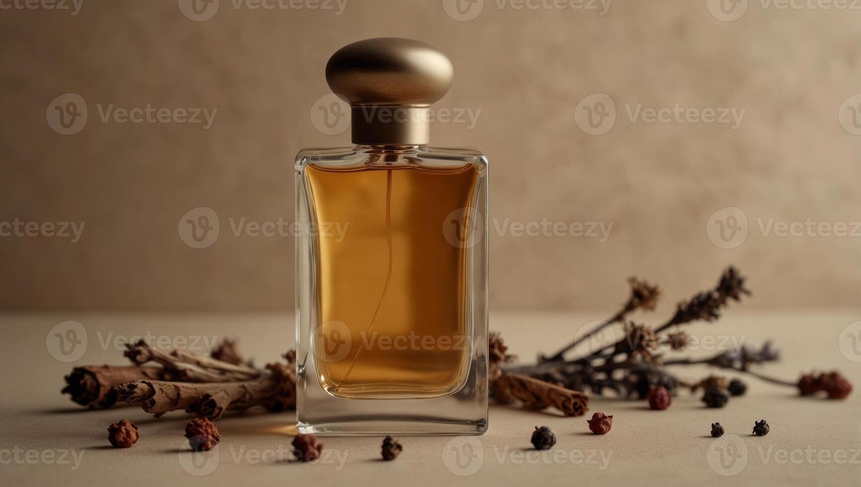 Mock up of minimal elegant perfume bottle displayed on beige backgrounds with dry flowers and perfume spices Stylish parfumerie banner. photo