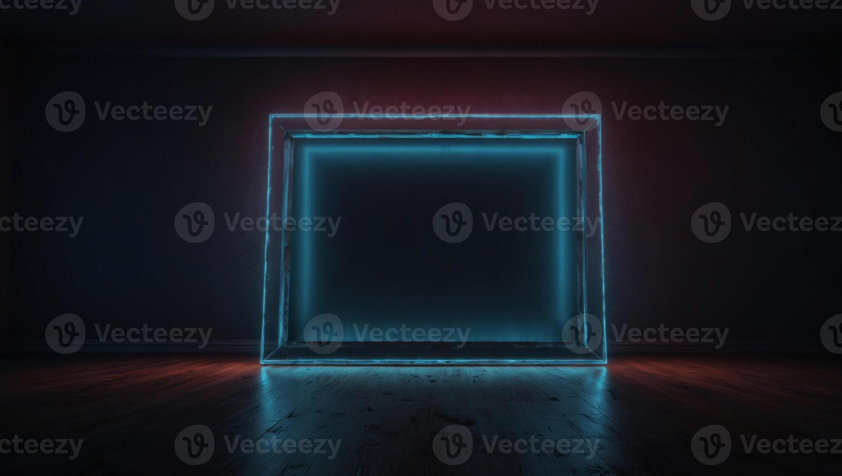 One large blue neon light glowing blank picture frame on dark background in empty room, for event poster, advertising, fashion modern product display, night club sign frame. photo