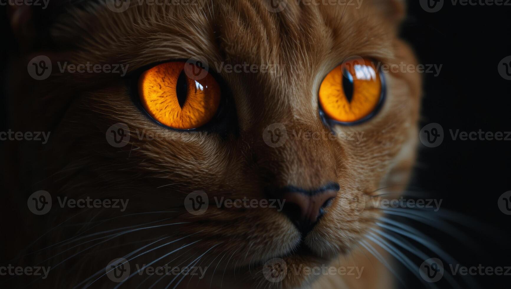 Orange cat eyes glow in the dark on a black background, close up of a black cat's face. photo