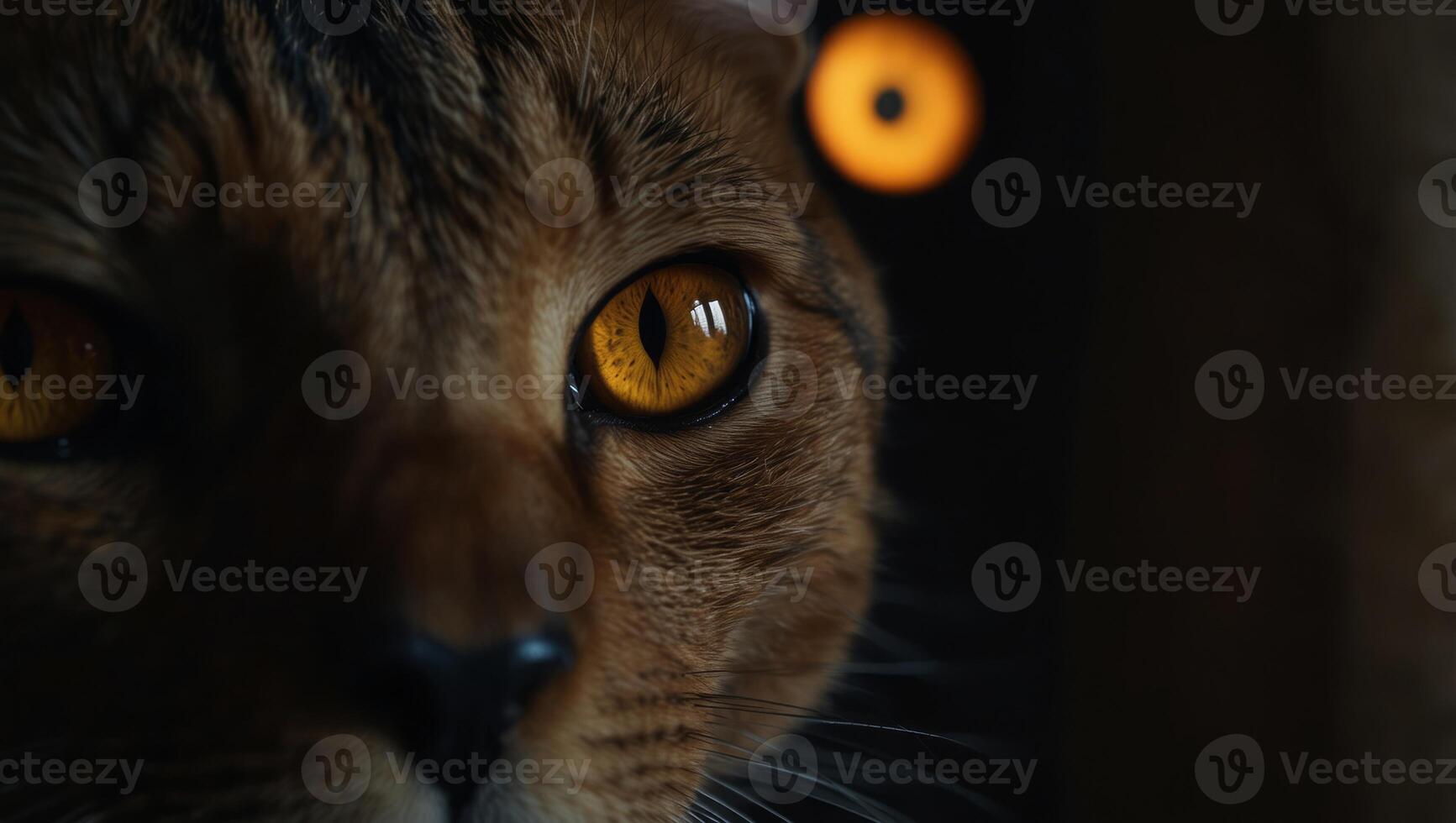Orange cat eyes glow in the dark on a black background, close up of a black cat's face. photo