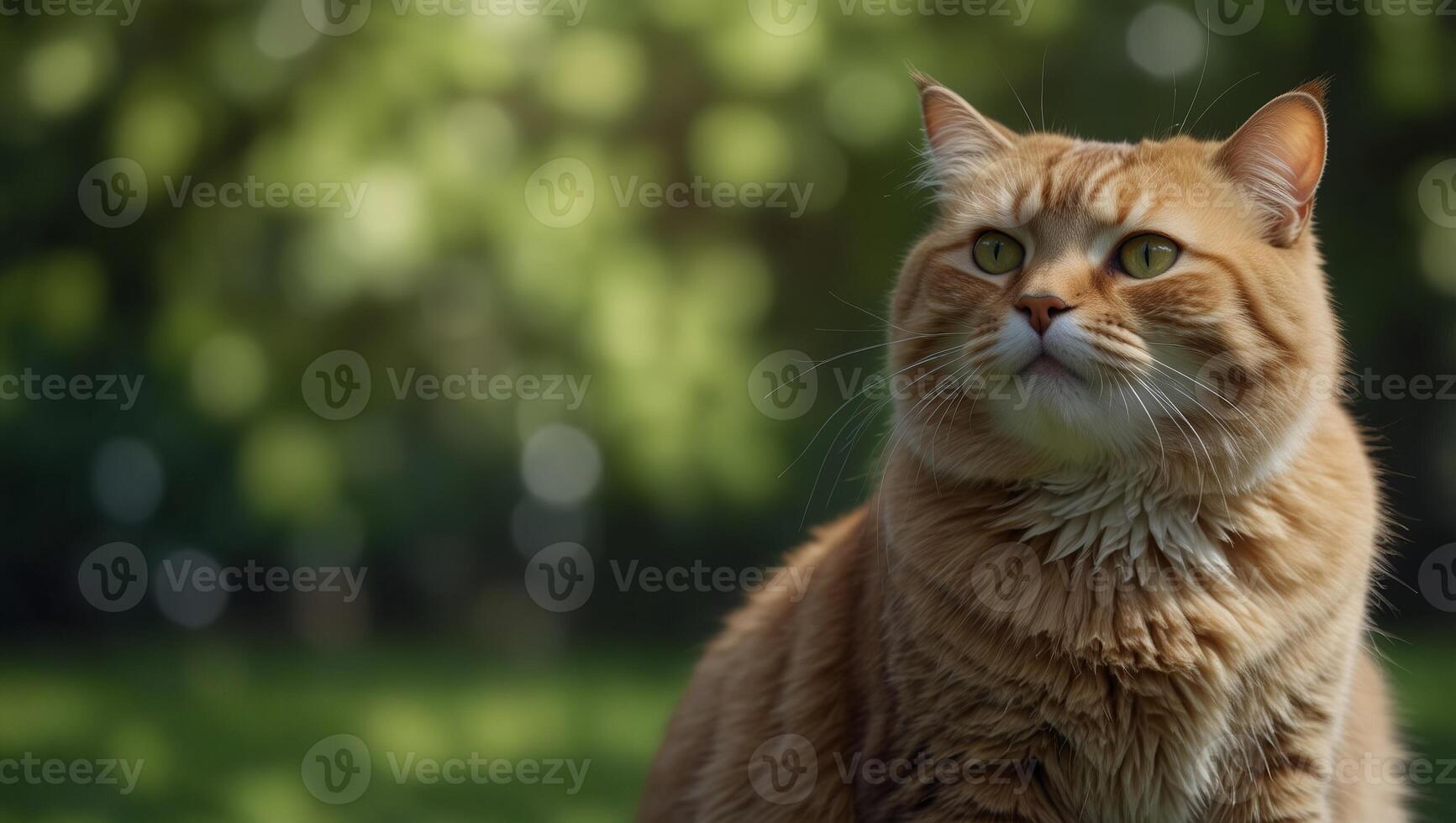 Overweight cat looking to side on blurred green background, concept of diabetes, lose weight and indoor life, with copy space. photo