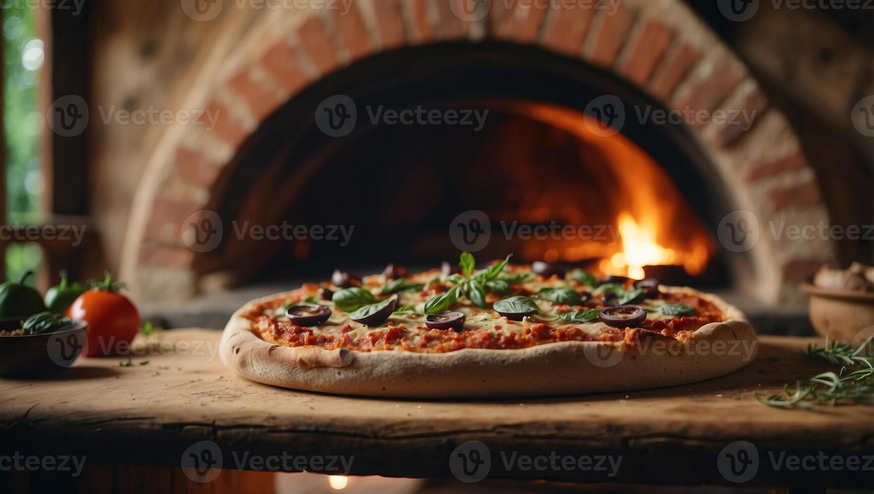 Panorama on a traditional pizza oven or a wood-fired bread oven, traditional Italian atmosphere. photo