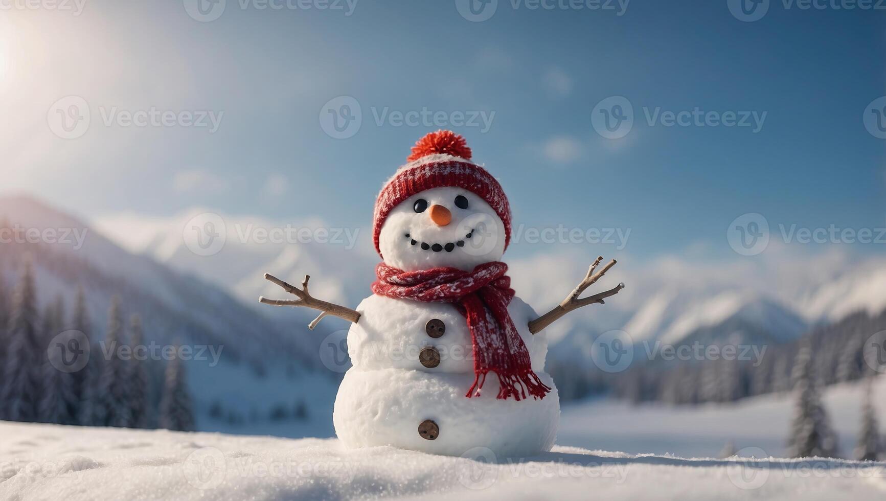 Panoramic view of happy snowman in winter secenery with copy space. photo