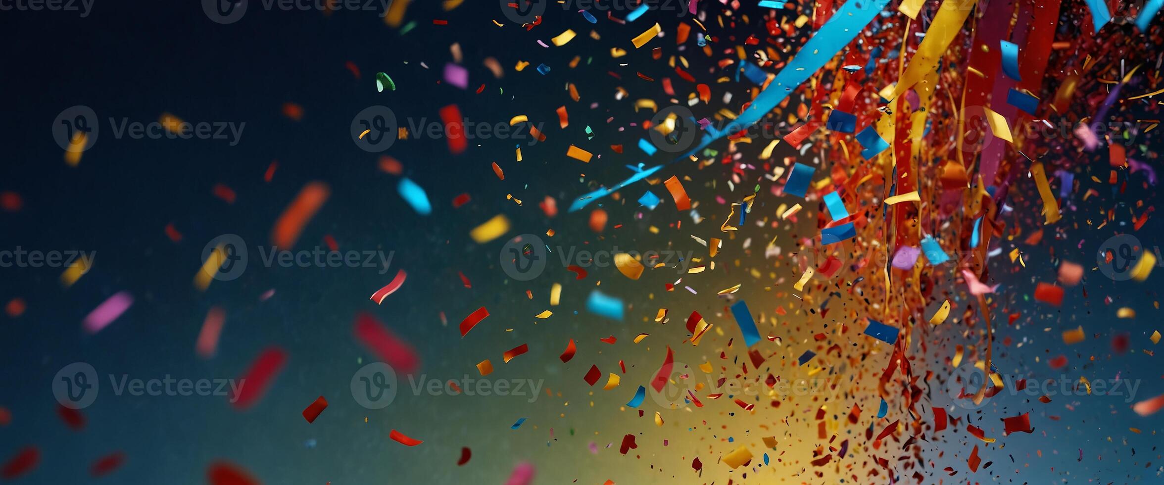 Party banner, confetti trickles down from above, abstract background, colourful celebration design. photo