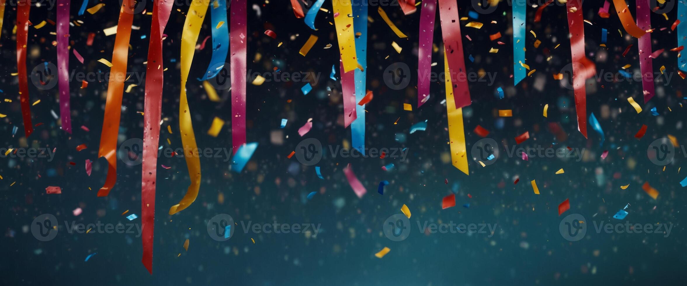 Party banner, confetti trickles down from above, abstract background, colourful celebration design. photo