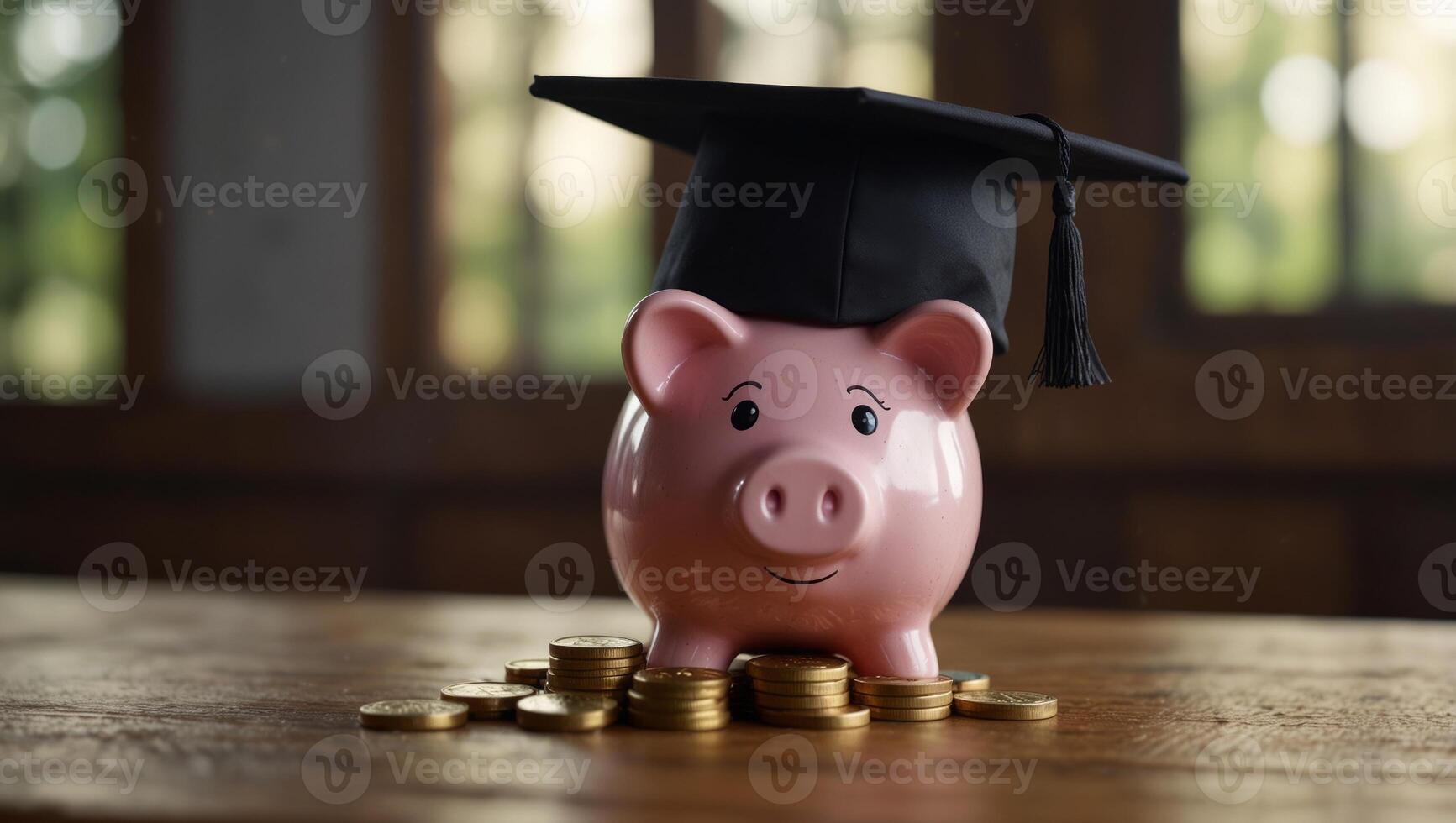 Piggy Bank With Graduation Cap with coins piles on wooden background, concept of saving money for education and university. photo