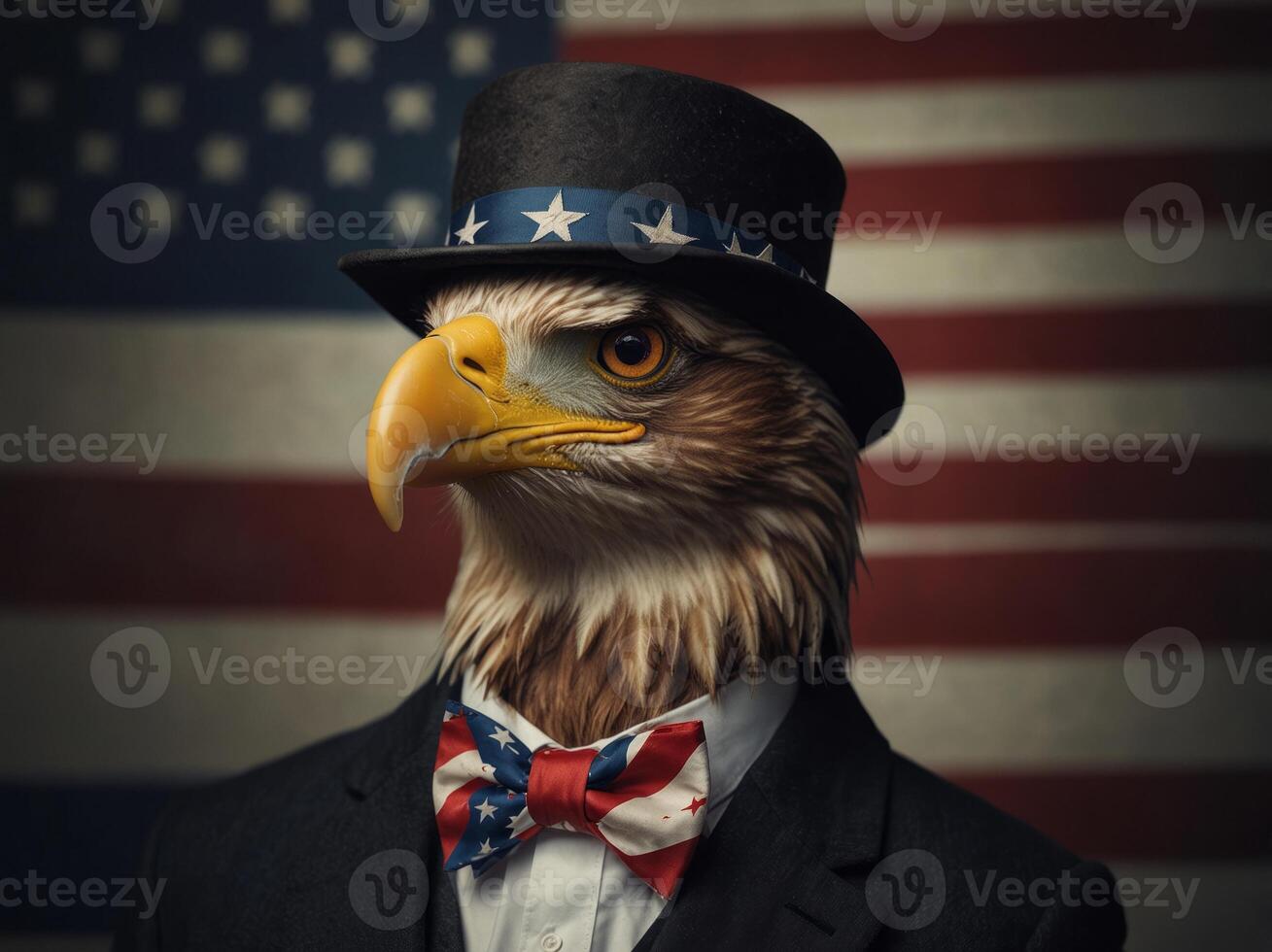 Patriotic eagle in hat and bow tie featuring US flag design, ideal for national holidays and themed events. photo