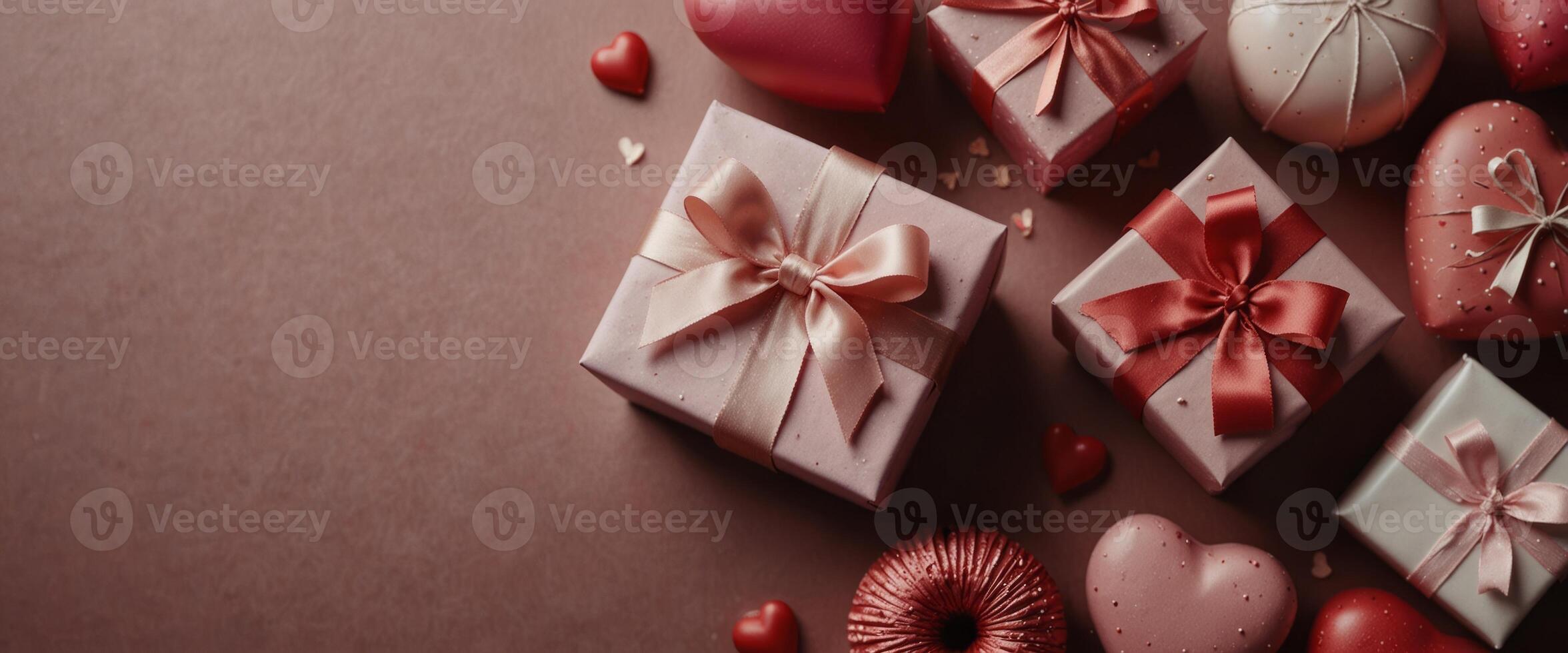 Pink holiday Valentine's background with present gift box and little hearts on background Valentine's day greeting concept Top view, flat lay. photo