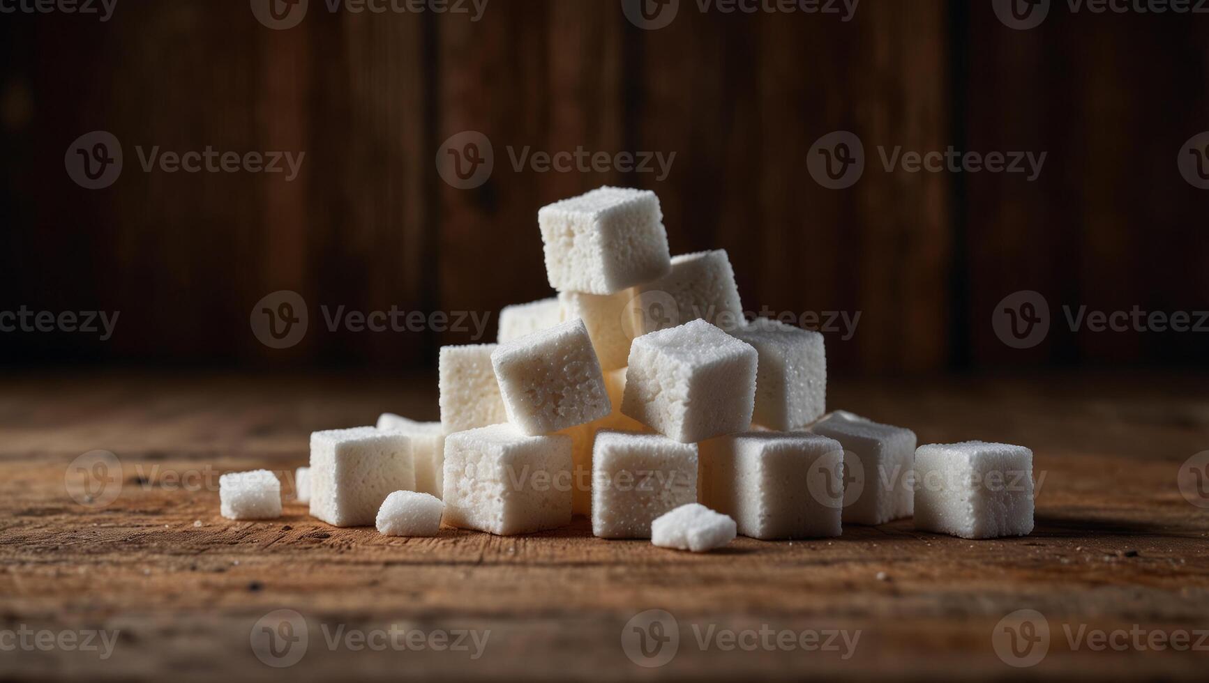 Pile of sugar cubes on wooden background with copy space, extra wide. photo