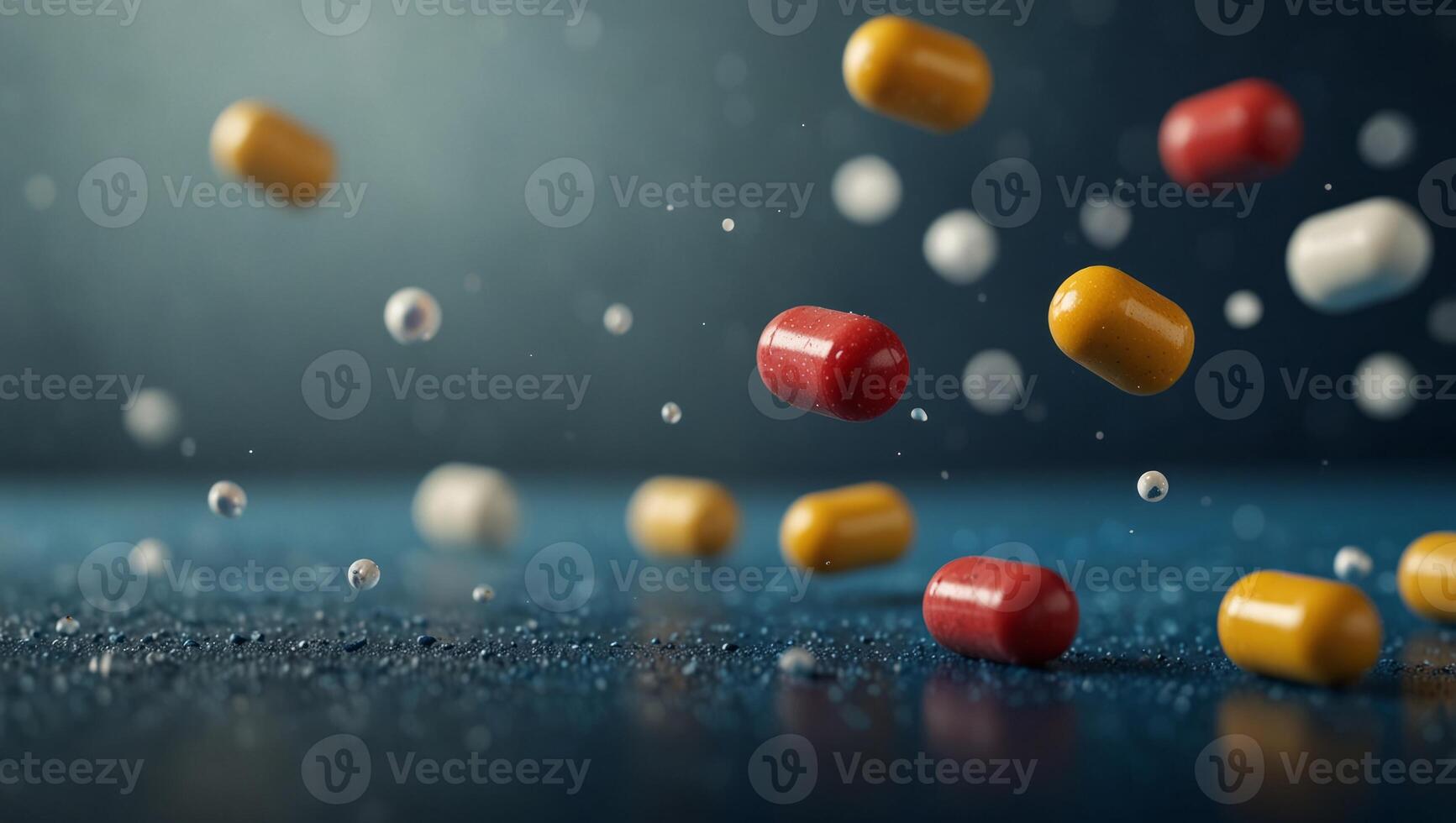 Pills falling on blue background with copy space Defocused bokeh background. photo