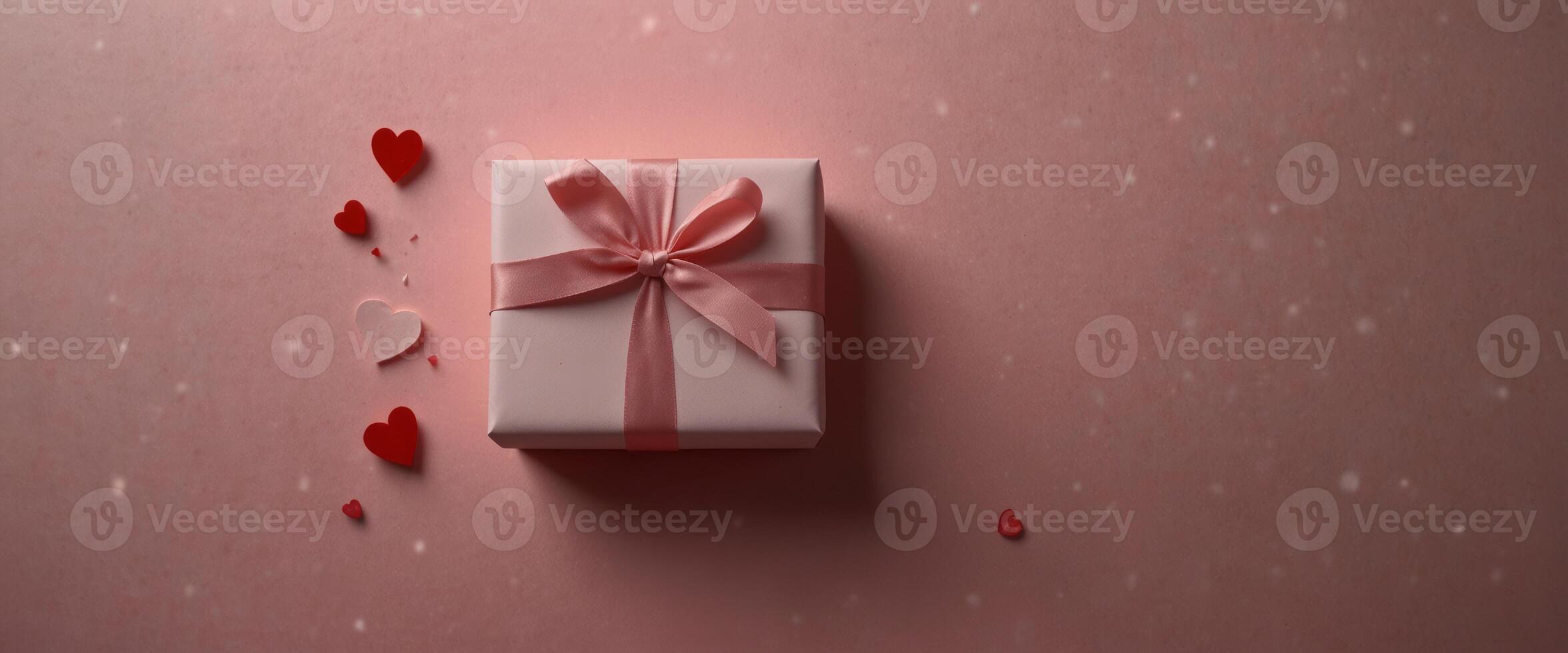 Pink holiday Valentine's background with present gift box and little hearts on background Valentine's day greeting concept Top view, flat lay. photo