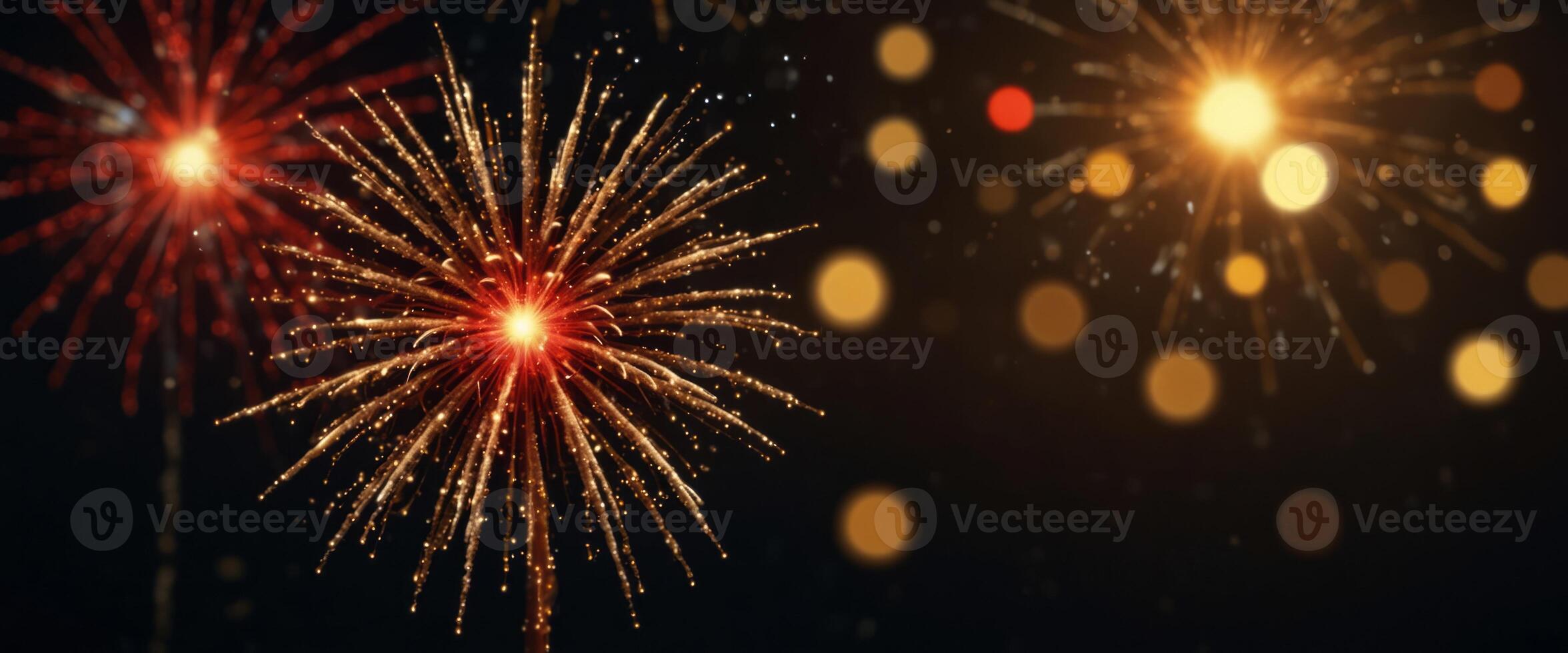 Red and Gold Fireworks and bokeh background New Year's eve concept. photo