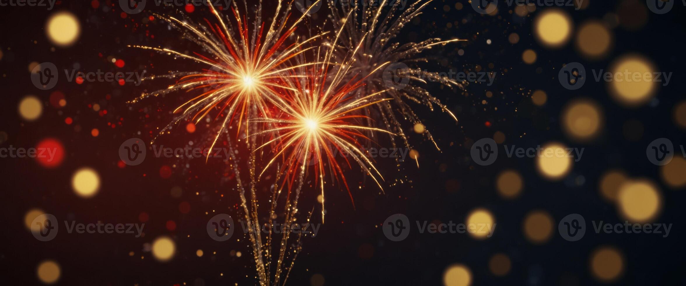 Red and Gold Fireworks and bokeh background New Year's eve concept. photo