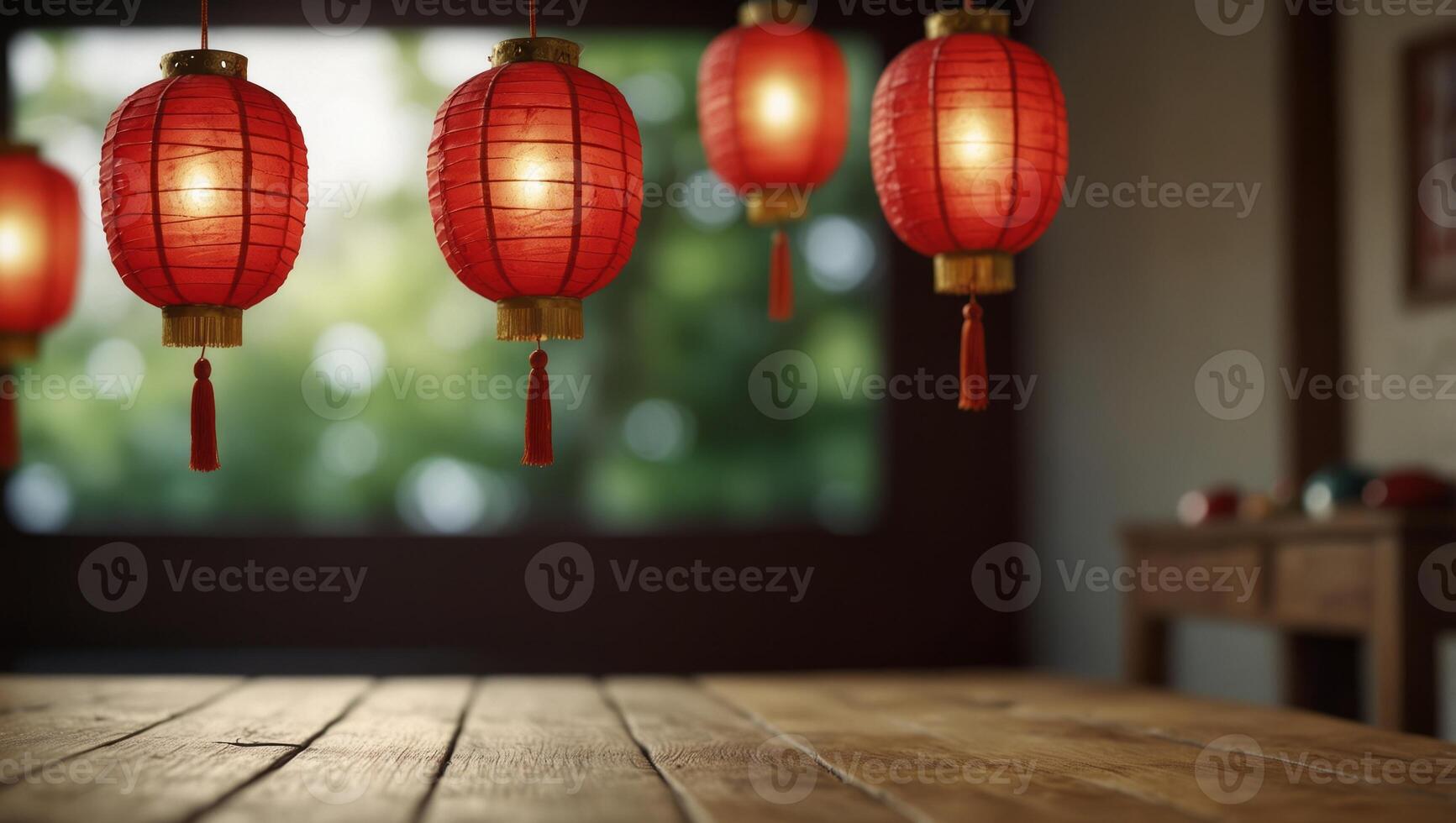 Red color of Chinese lantern hang on ceiling and cream wood tabletop perspective for show promote product on display , celebration new year concept. photo