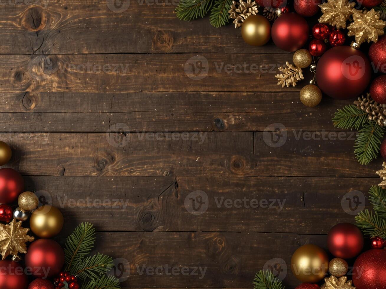Red and gold Christmas ornament corner border banner Above view on a rustic wood background. photo