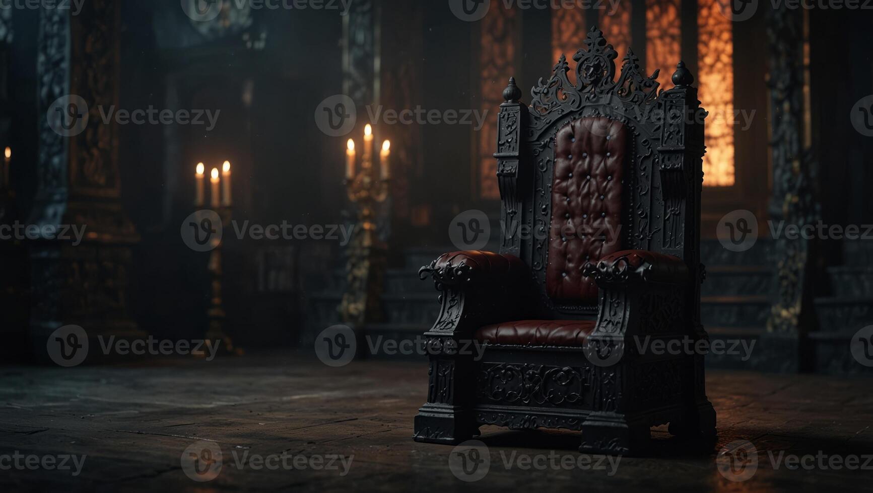 Royal throne dark Gothic throne, front view, evil and luxury, Halloween scene background. photo