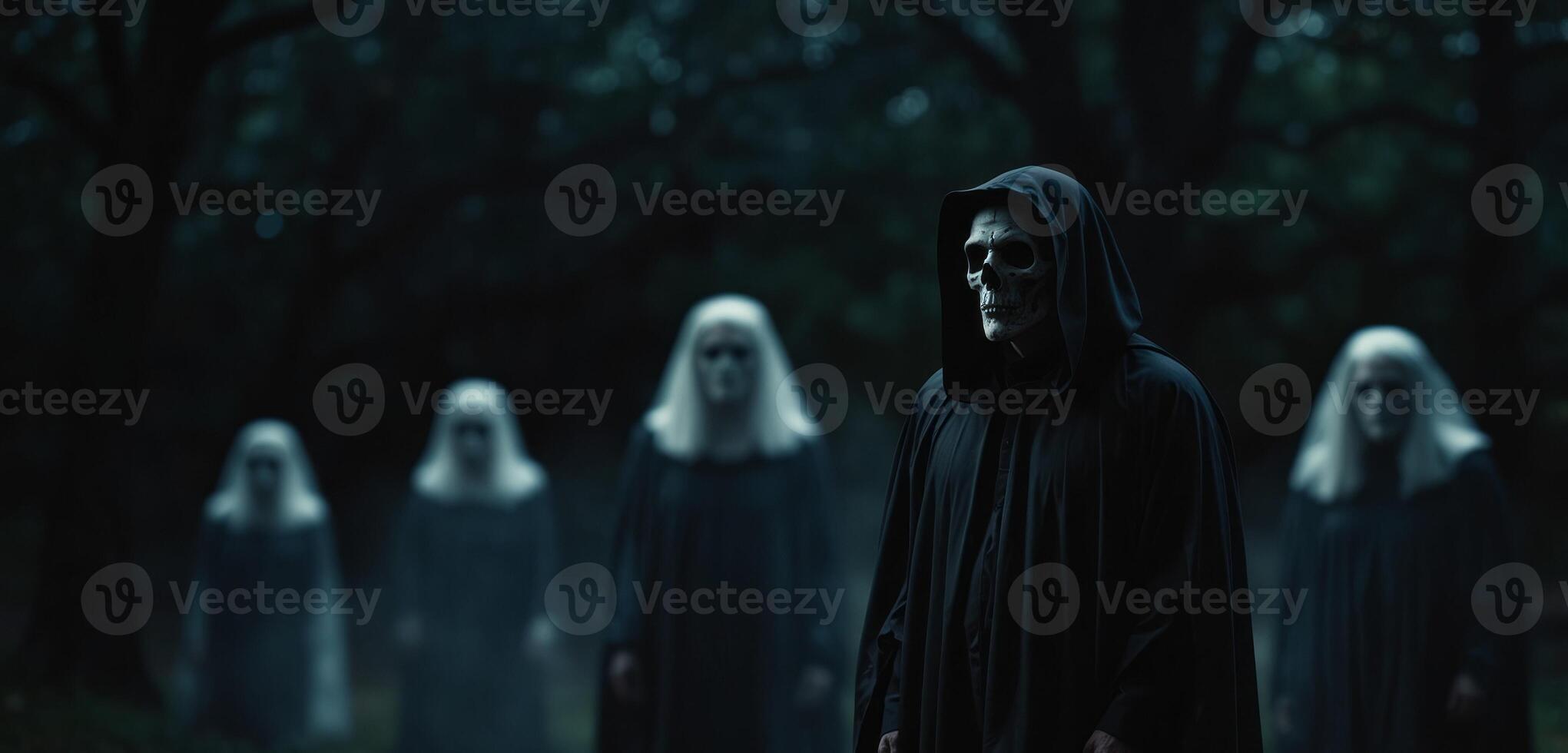 Several ghostly figures in black cloaks in a dark background, mysterious scene cult ceremony film scene. photo