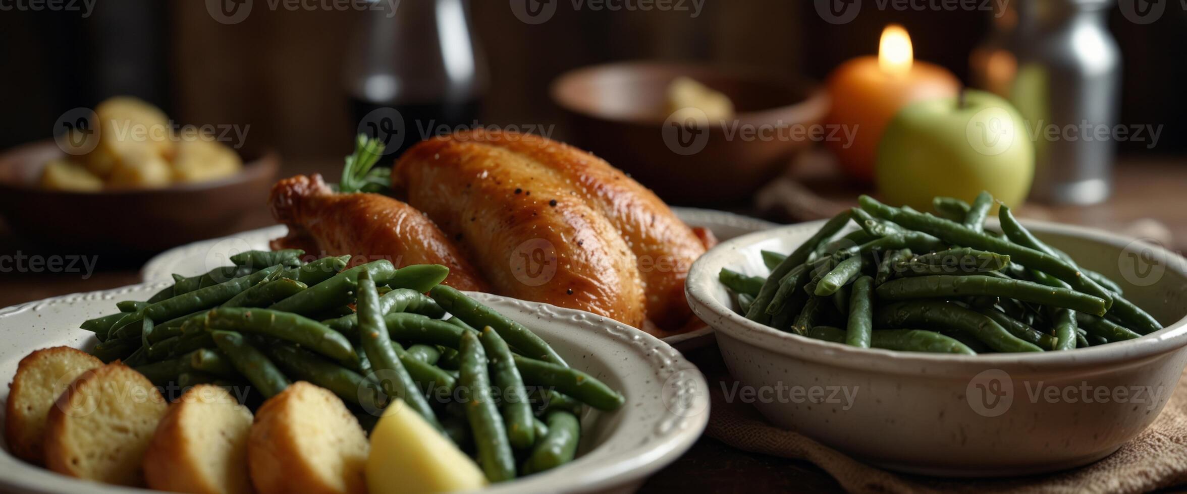 Selection of traditional thanksgiving food - turkey, mashed patatoes, green beans, apple pie on rustic background. photo
