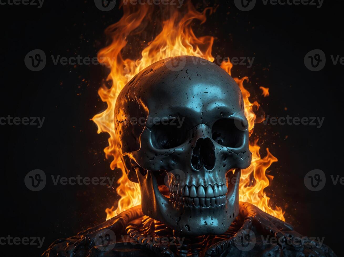 Skull with Flames Illustration and Slogan Artwork on Black Background For Apparel and Other Uses. photo