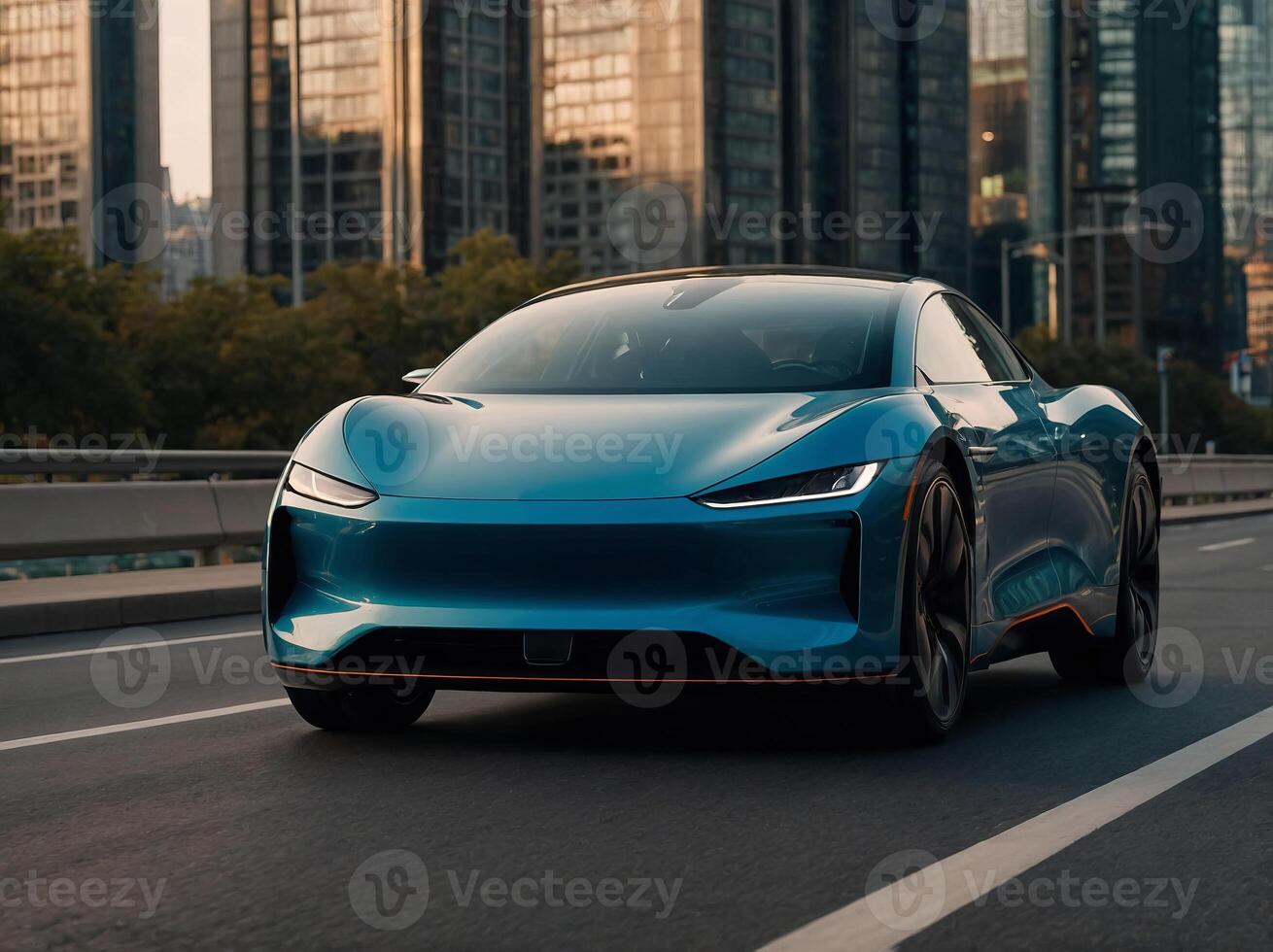 Sleek electric vehicle on a city expressway, highlighting the integration of speed and efficiency in modern transportation. photo