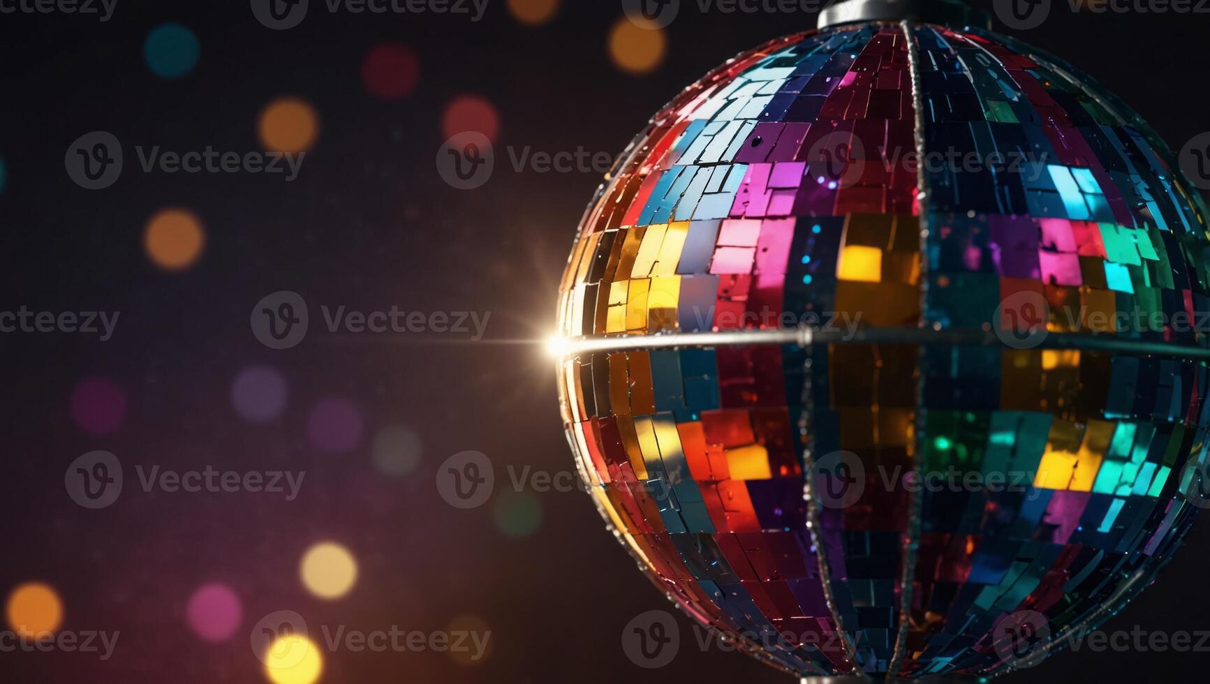 Shiny colorful disco ball with lights, with copy space. photo